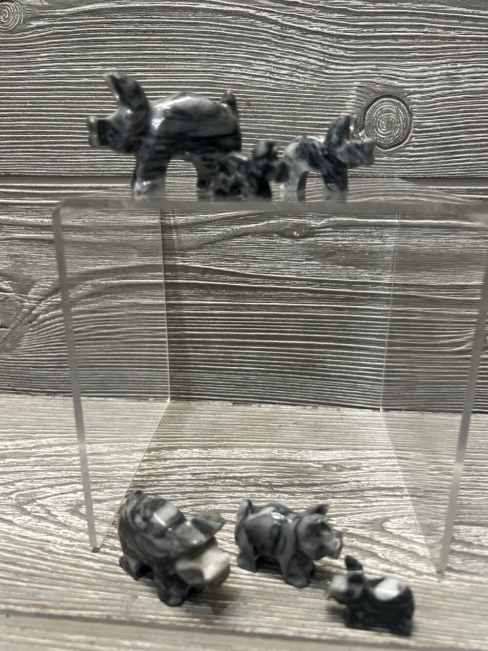 Vintage Miniature Marble Carved Pigs Set of 6 Black White Dark Gray